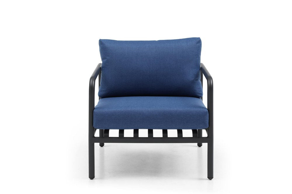 Four Piece Dark Gray and Blue Metal Upholstered Cushions Sofa Seating Group With Table