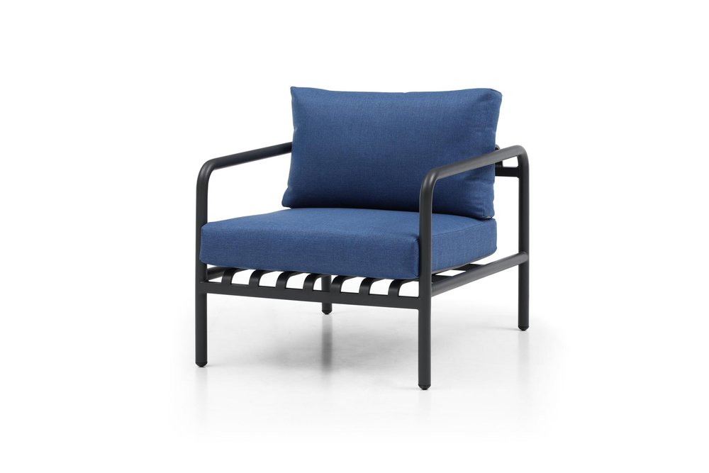 Four Piece Dark Gray and Blue Metal Upholstered Cushions Sofa Seating Group With Table