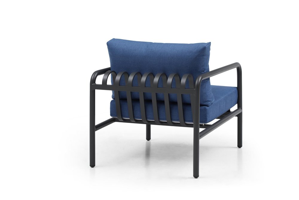 Four Piece Dark Gray and Blue Metal Upholstered Cushions Sofa Seating Group With Table