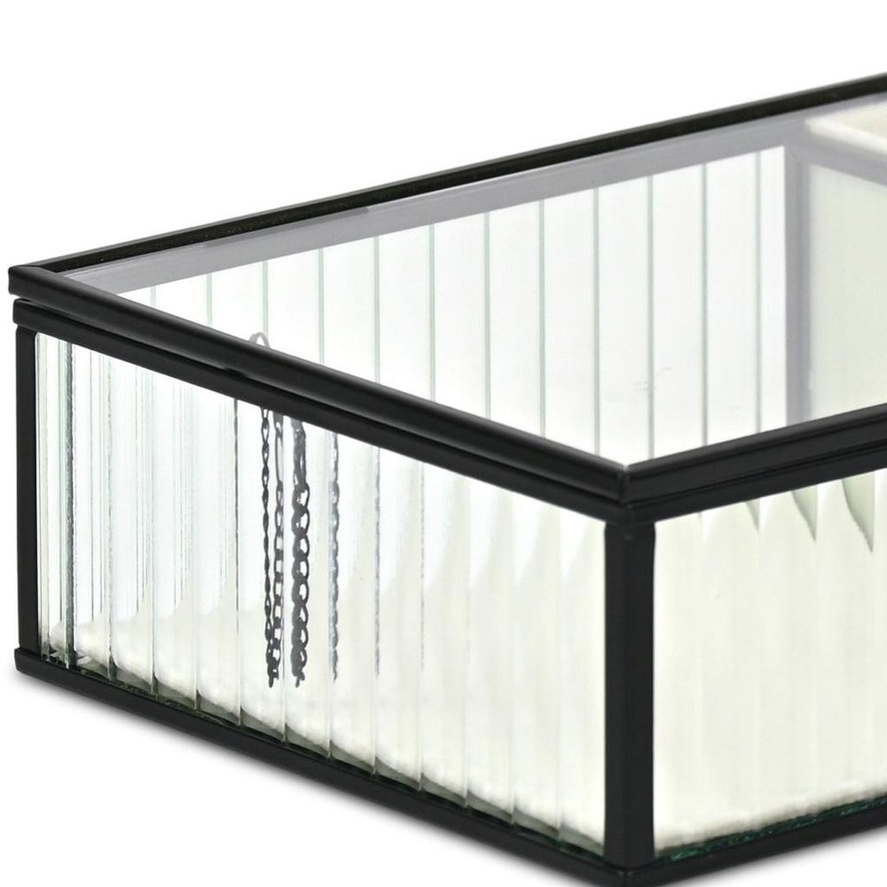 10" Black Glass Two Section Jewelry Box With Metal Accents. Jewelry boxe isolated on a plain white background, showing a black glass surface.
