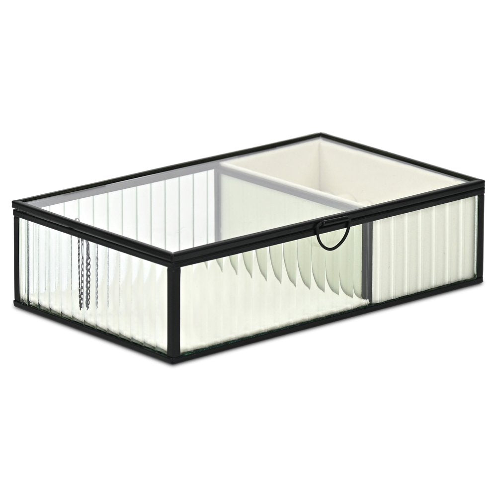 10" Black Glass Two Section Jewelry Box With Metal Accents. Jewelry boxe isolated on a plain white background, showing a black glass surface.