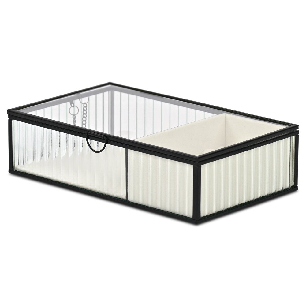 10" Black Glass Two Section Jewelry Box With Metal Accents