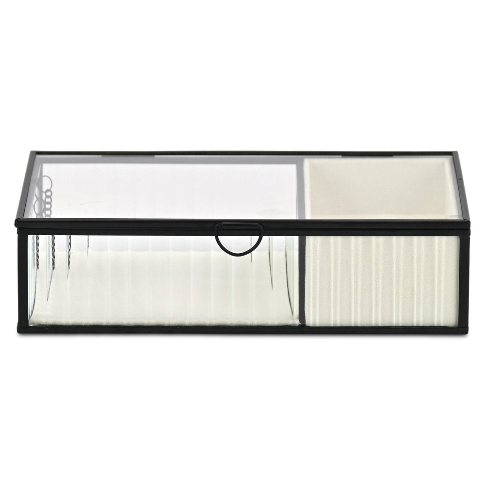 10" Black Glass Two Section Jewelry Box With Metal Accents