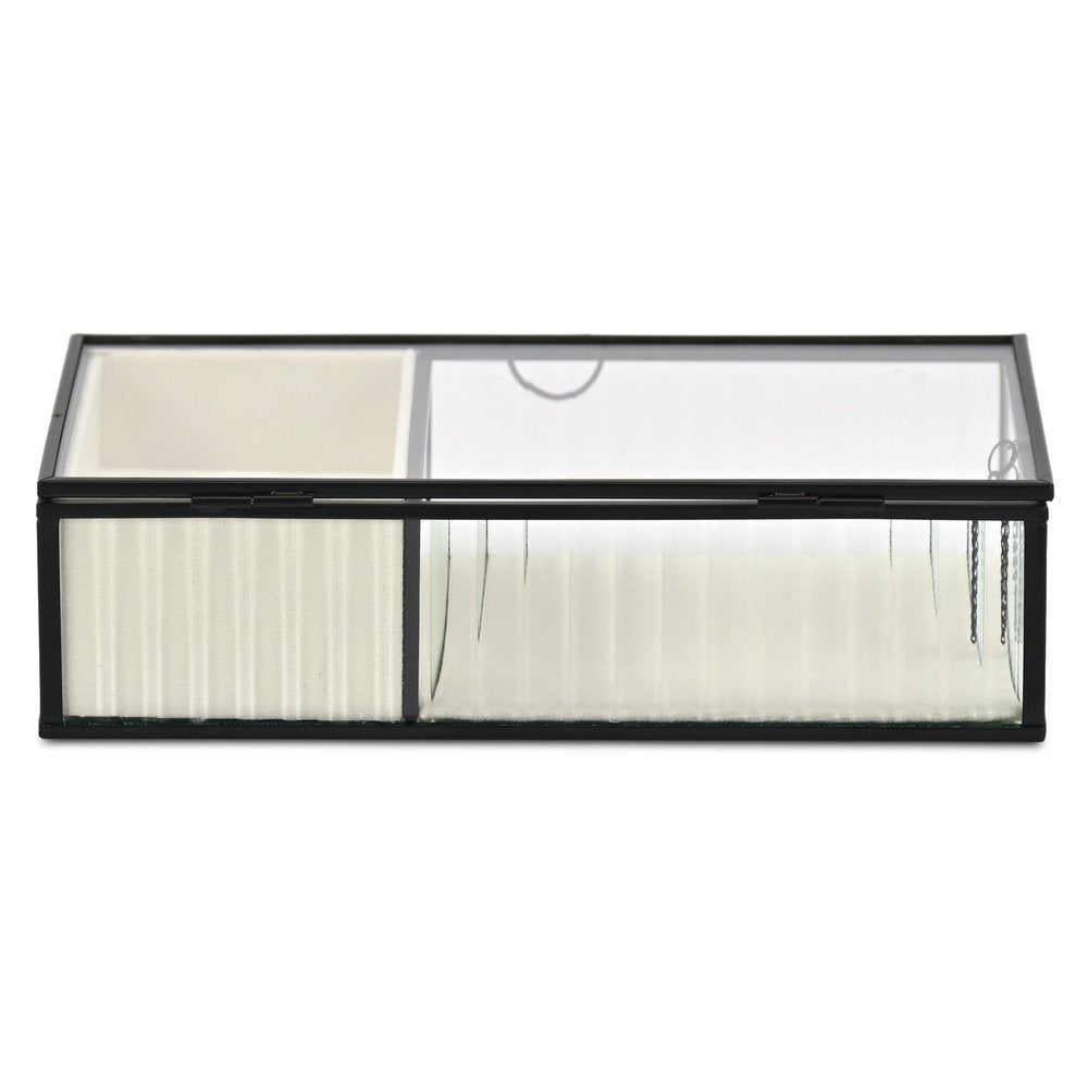 10" Black Glass Two Section Jewelry Box With Metal Accents