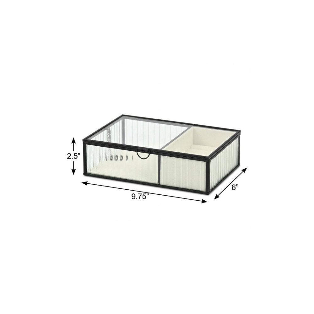 10" Black Glass Two Section Jewelry Box With Metal Accents. Jewelry boxe isolated on a plain white background, finished in black glass.