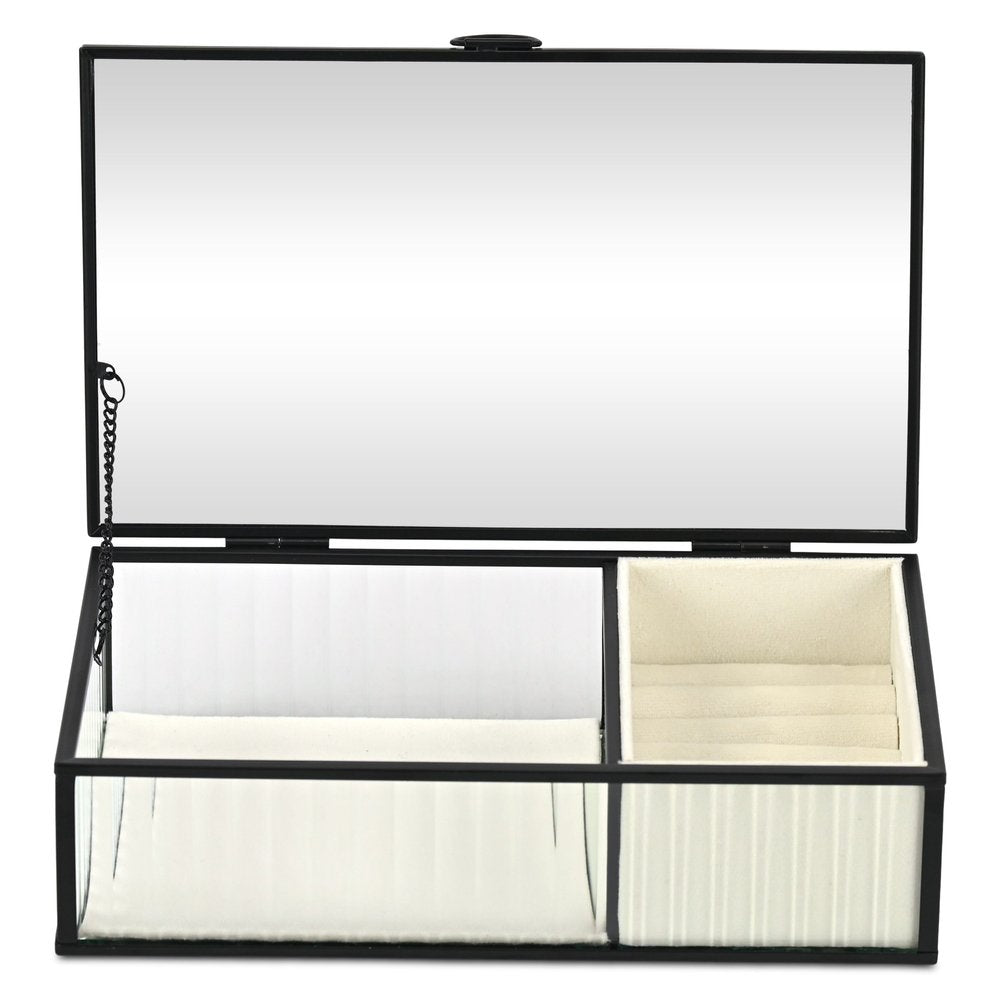 10" Black Glass Two Section Jewelry Box With Metal Accents