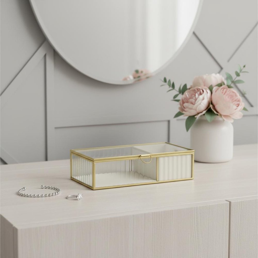 10" Gold Glass Two Section Jewelry Box With Metal Accents. Jewelry boxe isolated on a plain white background, showing a glass surface.