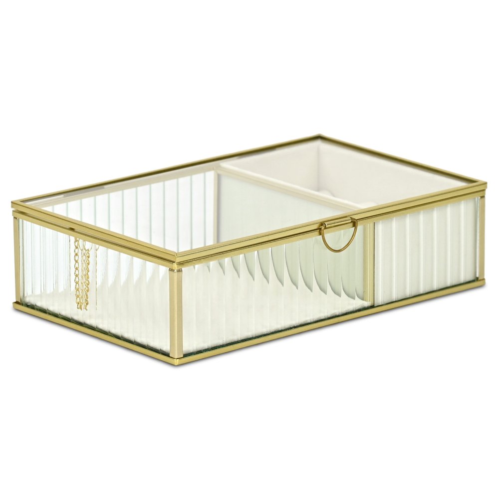 10" Gold Glass Two Section Jewelry Box With Metal Accents. Jewelry boxe isolated on a plain white background, in a gold glass finish.