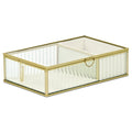 10" Gold Glass Two Section Jewelry Box With Metal Accents. Jewelry boxe isolated on a plain white background, in a gold glass finish.