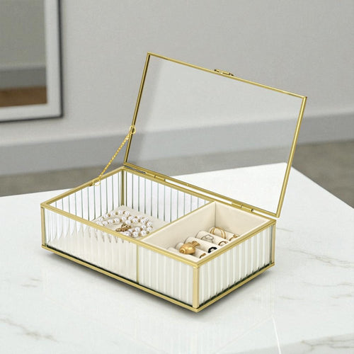 Close-up of 10" Gold Glass Two Section Jewelry Box With Metal Accents showing glass detail.