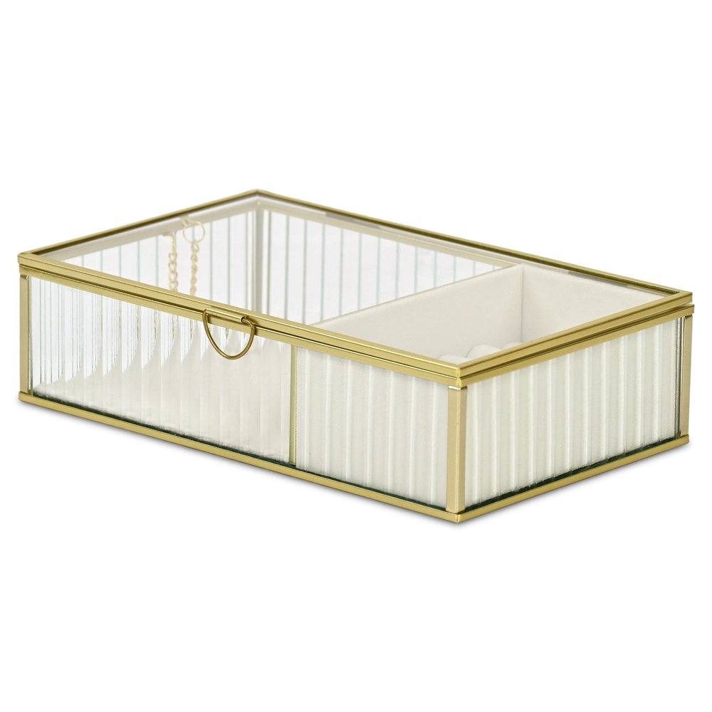 10" Gold Glass Two Section Jewelry Box With Metal Accents