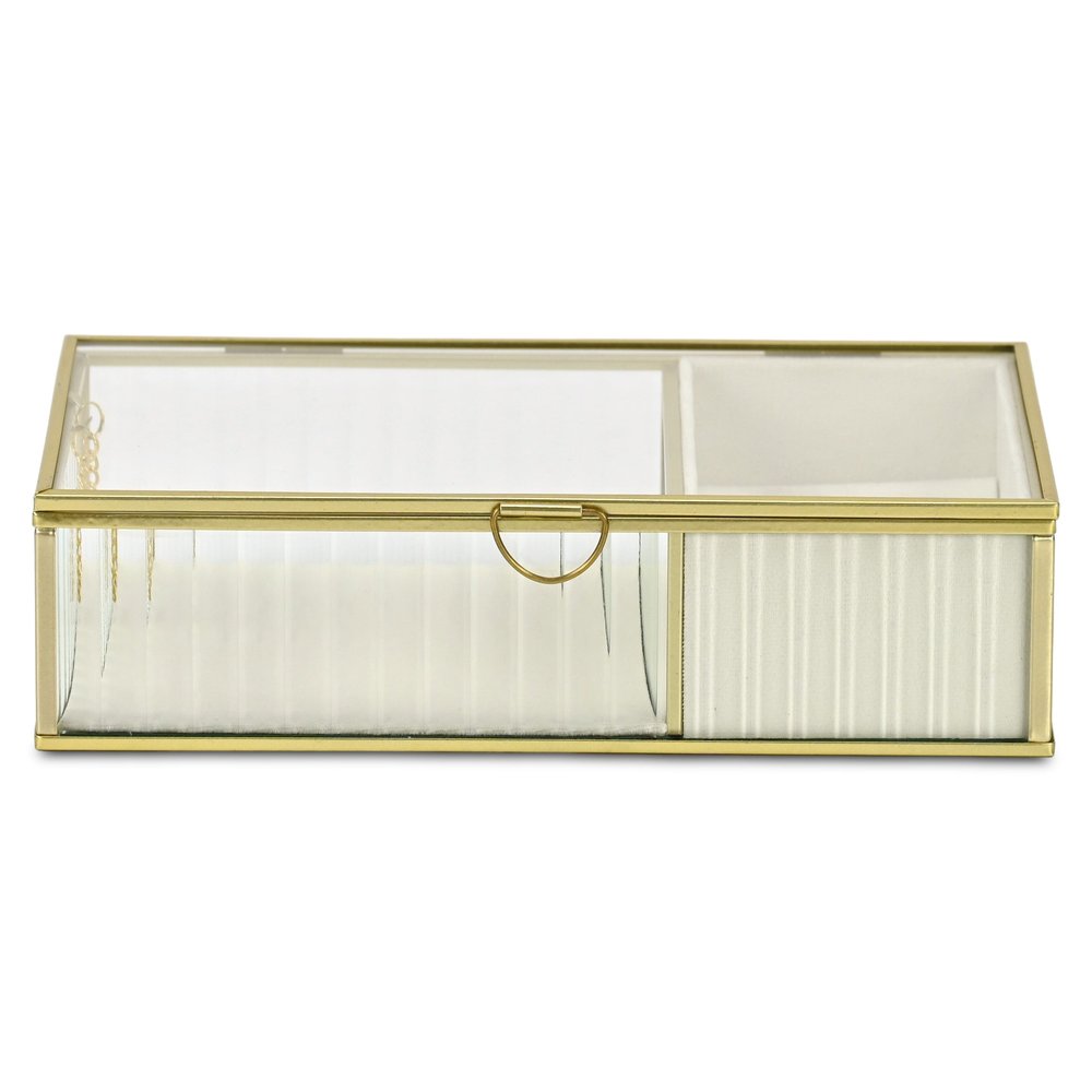 10" Gold Glass Two Section Jewelry Box With Metal Accents
