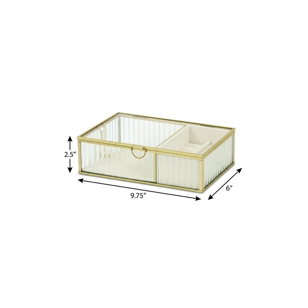 10" Gold Glass Two Section Jewelry Box With Metal Accents. Jewelry boxe isolated on a plain white background, showing a gold glass surface.
