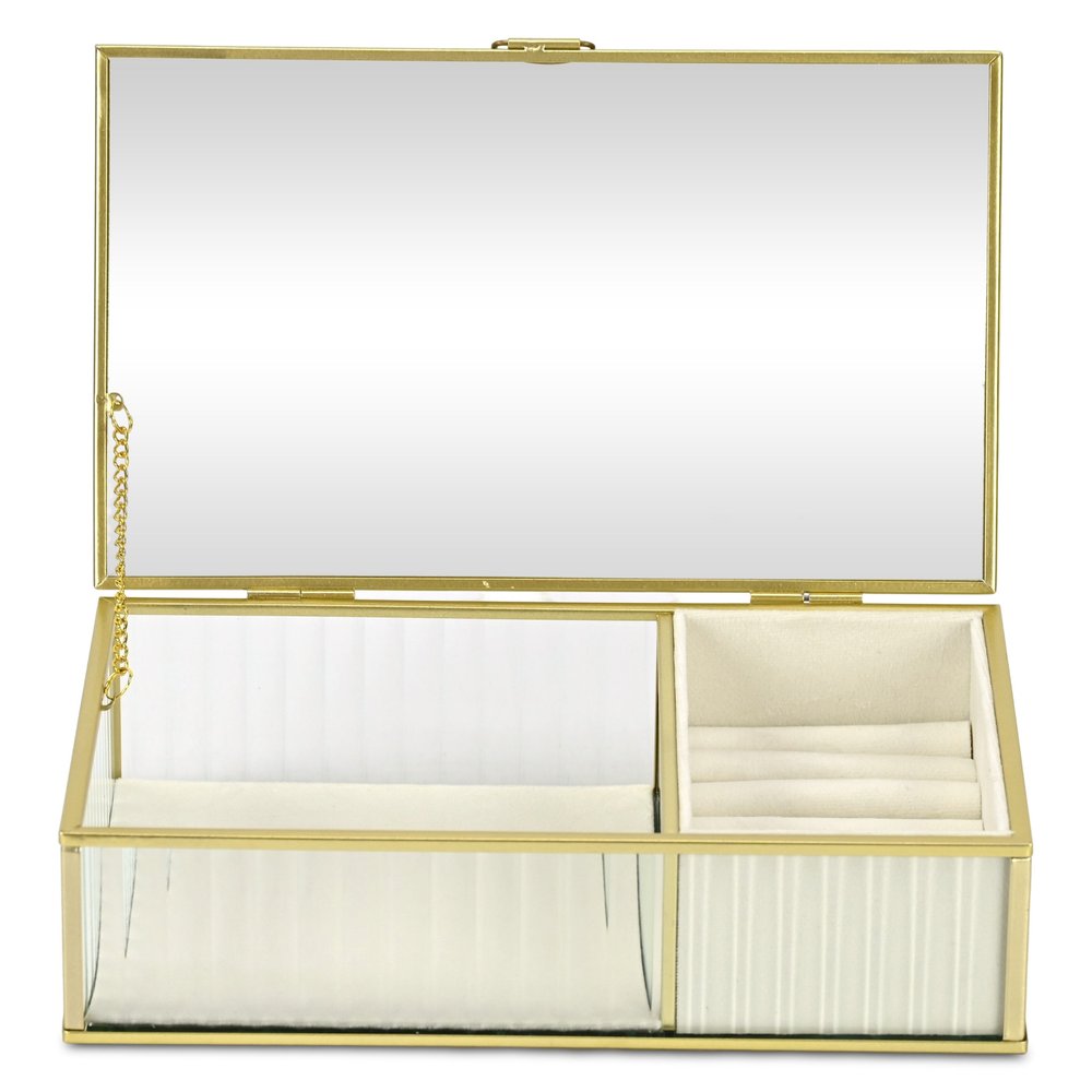 10" Gold Glass Two Section Jewelry Box With Metal Accents