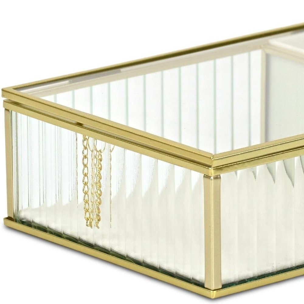 10" Gold Glass Two Section Jewelry Box With Metal Accents. Jewelry boxe isolated on a plain white background, in a gold glass finish.