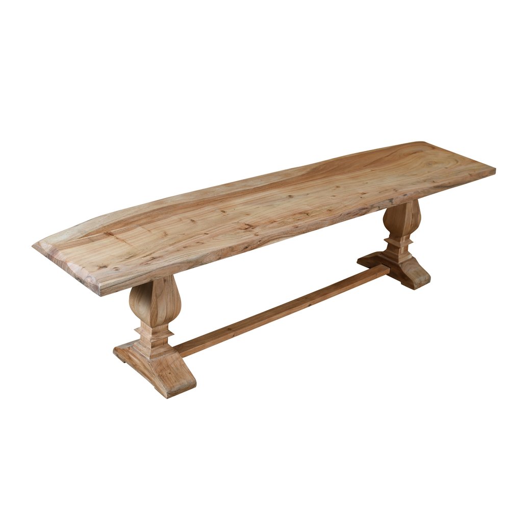 Natural solid wood distressed dining bench with a live edge top and turned legs on a white background.