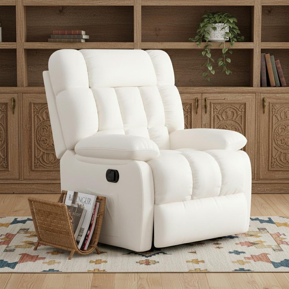 39" White Faux Leather Manual Recliner styled in a furnished interior with a dark brown wall on a wood floor.