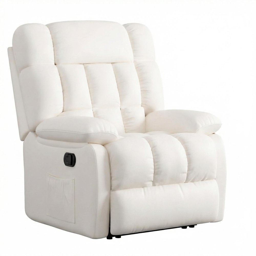 White faux leather manual recliner chair with padded cushions and side pocket, isolated on a white background.