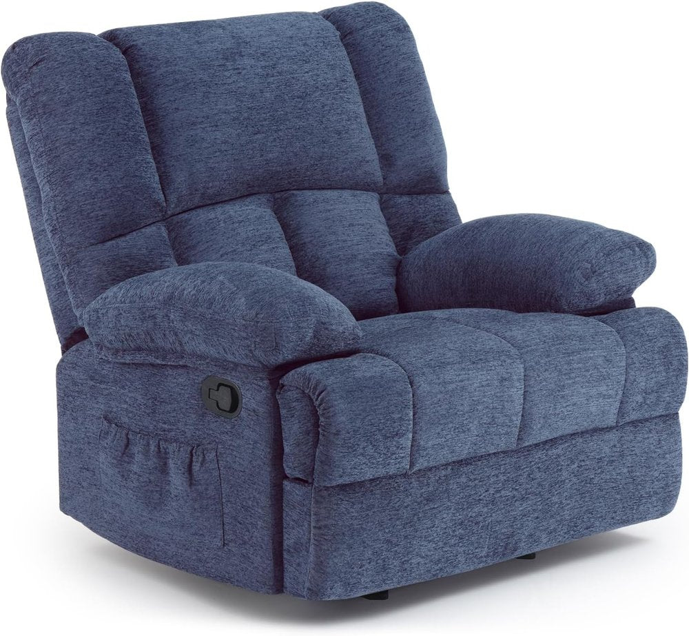 Blue polyester blend manual recliner with plush cushioning and side pocket, isolated on white background.