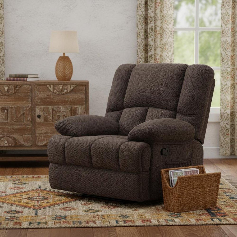 39" Brown Polyester Blend Manual Recliner styled in a furnished interior with a light gray wall on a dark wood floor.