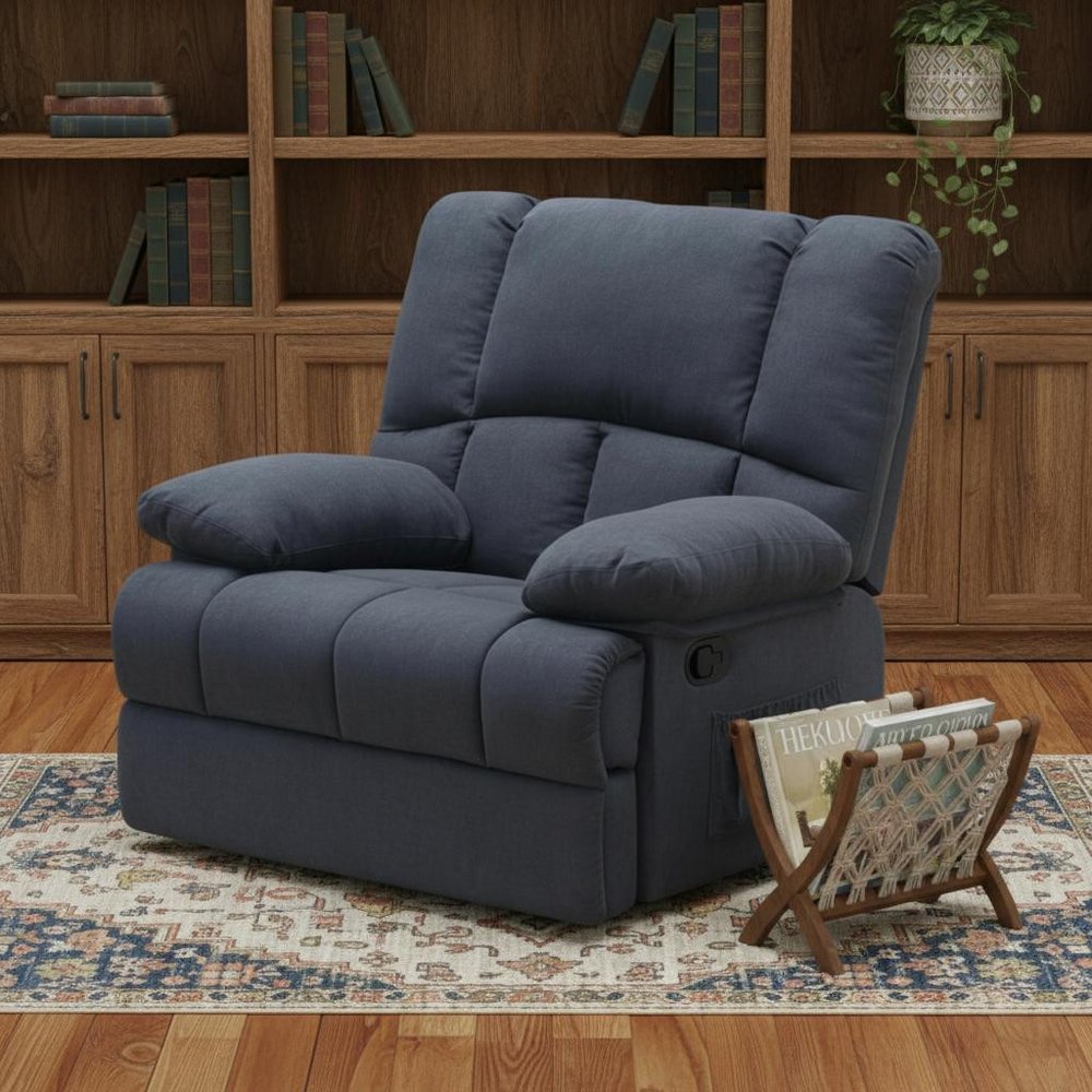 39" Blue Polyester Blend Manual Recliner styled in a furnished interior with a dark brown wall on a wood floor.