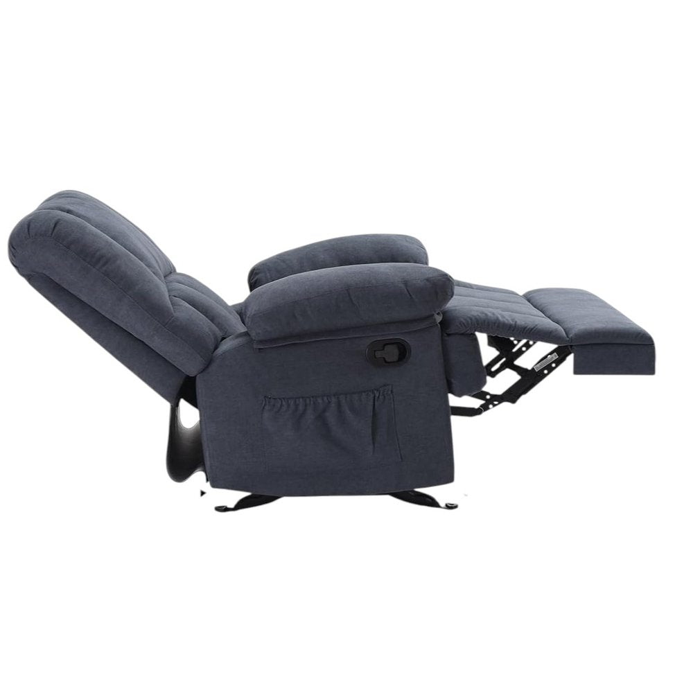 Side view of a blue polyester blend manual recliner chair with the footrest extended on a white background.