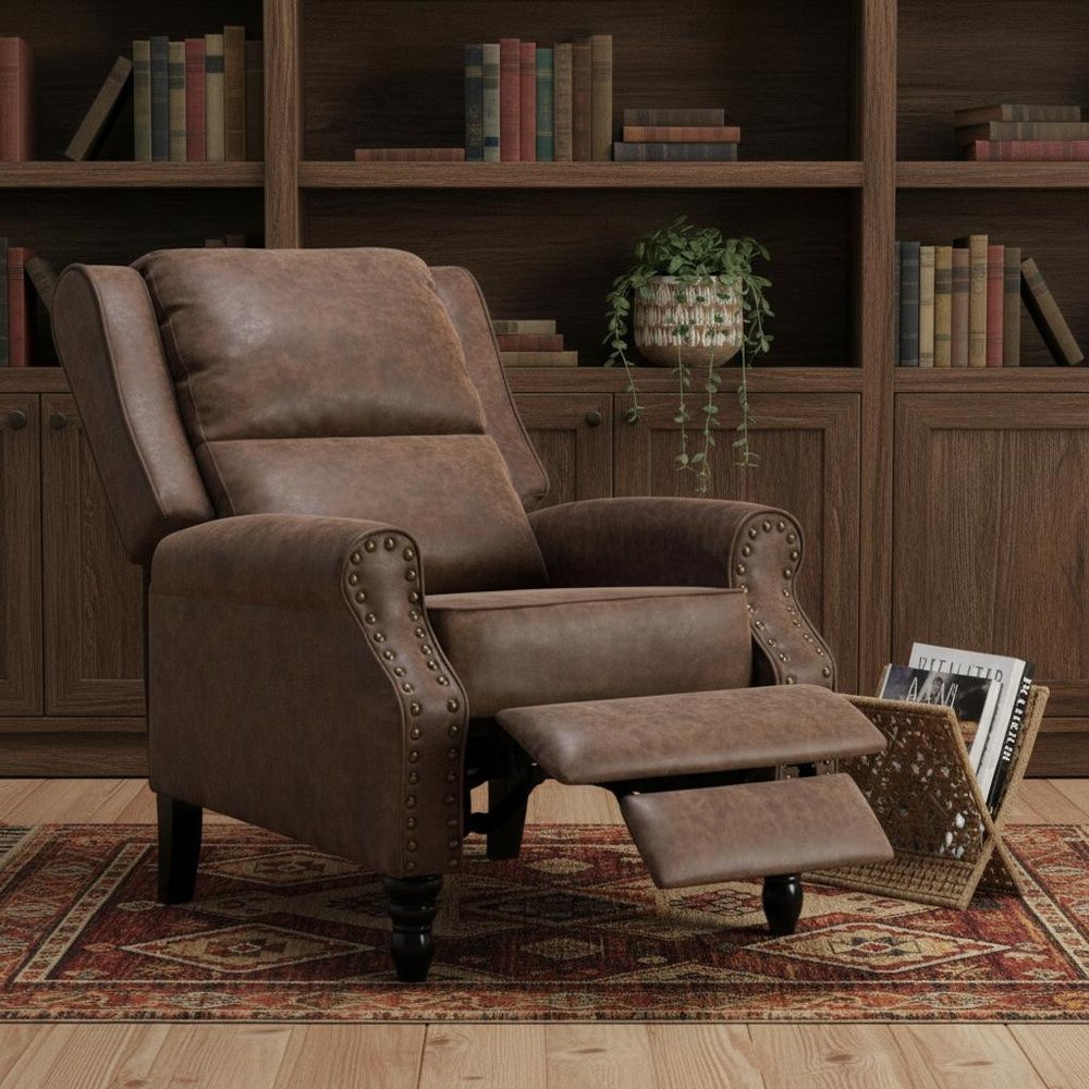 Brown faux leather manual recliner chair with footrest extended, in front of a wooden bookshelf filled with books.