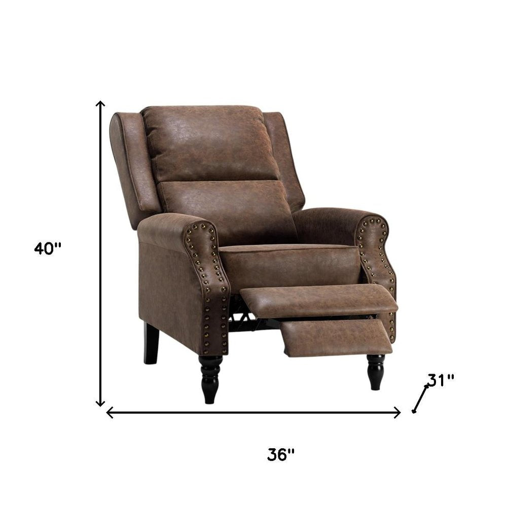 36" Brown Faux Leather Manual Recliner. Recliner isolated on a plain white background, finished in brown faux leather.