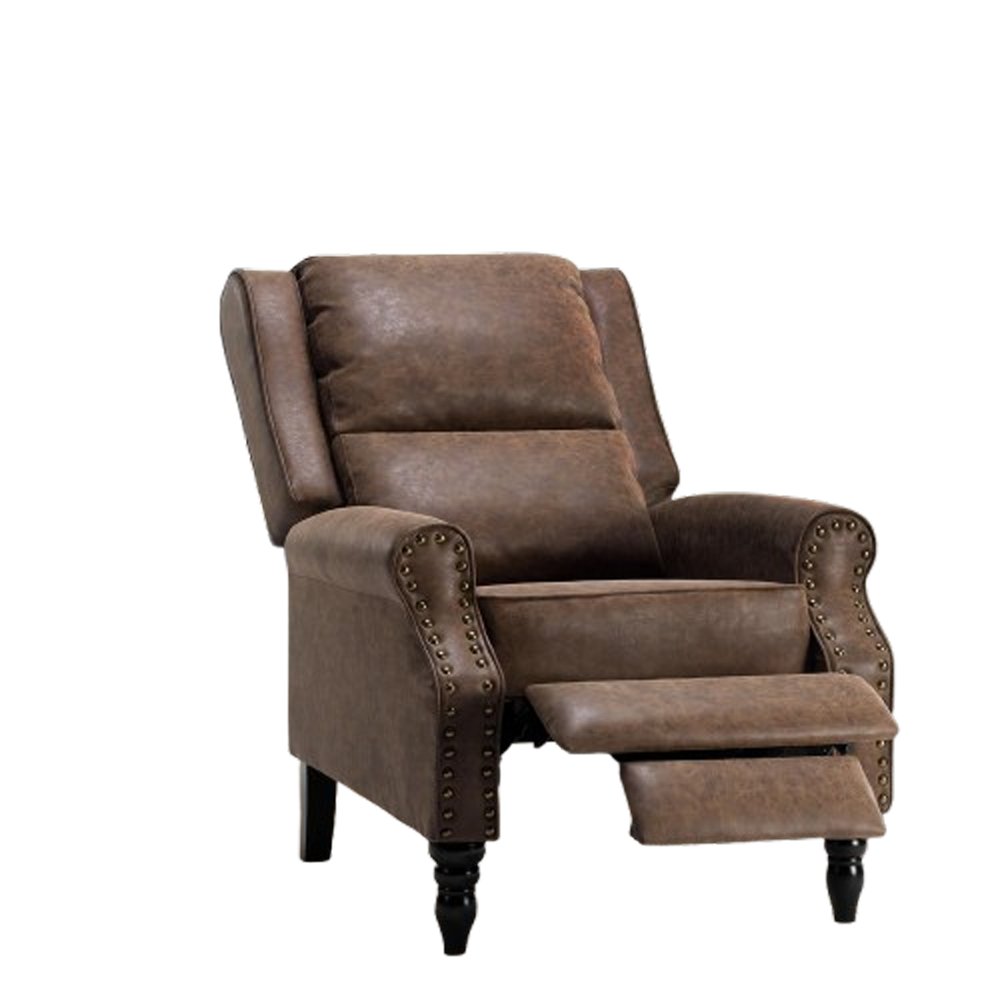 Brown faux leather manual recliner chair with nailhead trim and extended footrest on a white background.