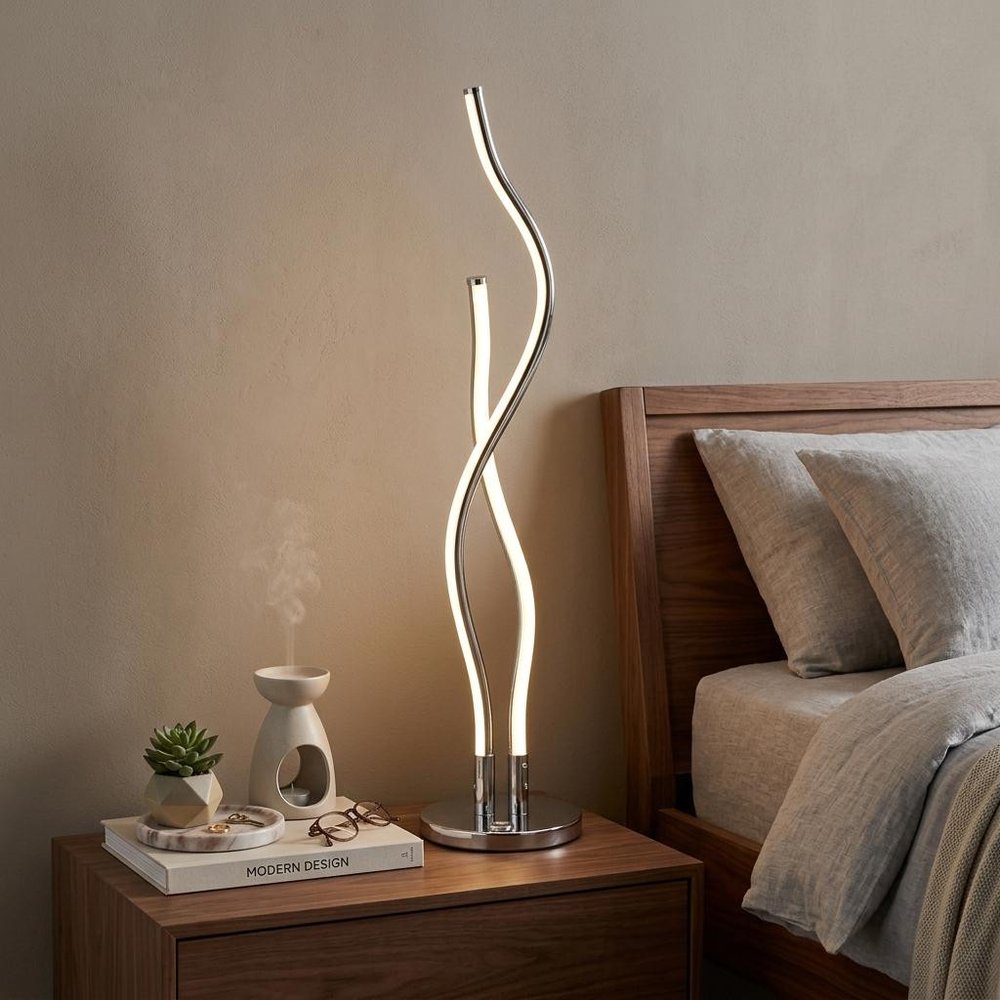 26" Silver Novelty Table Lamp displayed on a dark wood tabletop in a furnished interior against a tan wall.