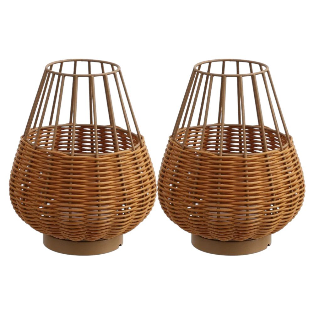 Set of Two 10" Brown Round USB Table Lamps With Globe Shades on a white background