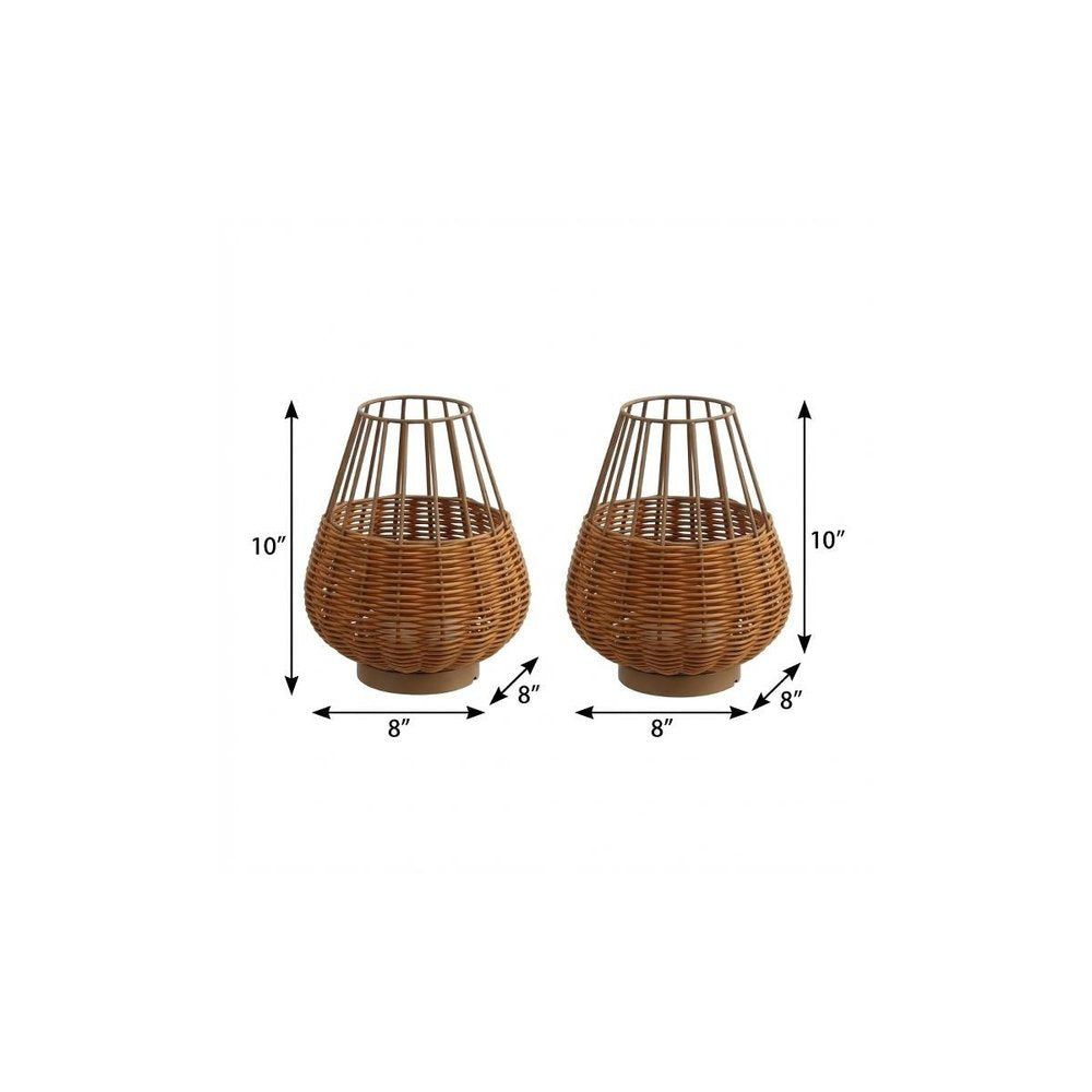 Set of Two 10" Brown Round USB Table Lamps With Globe Shades