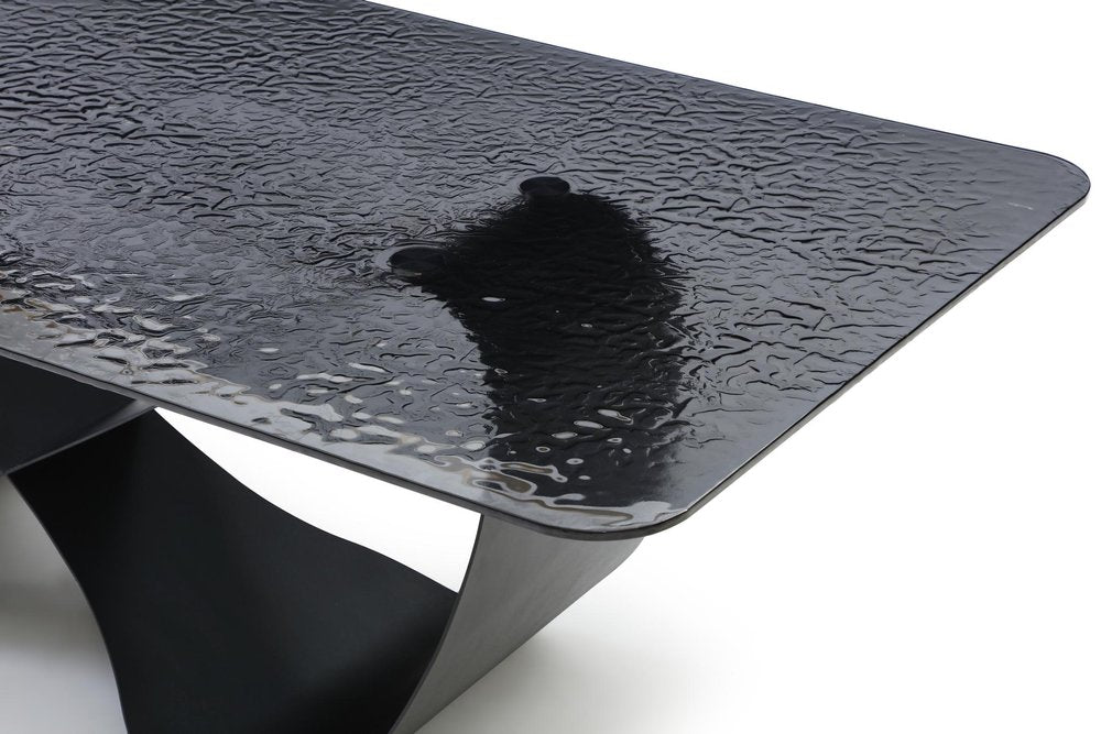 94" Black Glass and Brass Double Geo Pedestal Base Dining Table