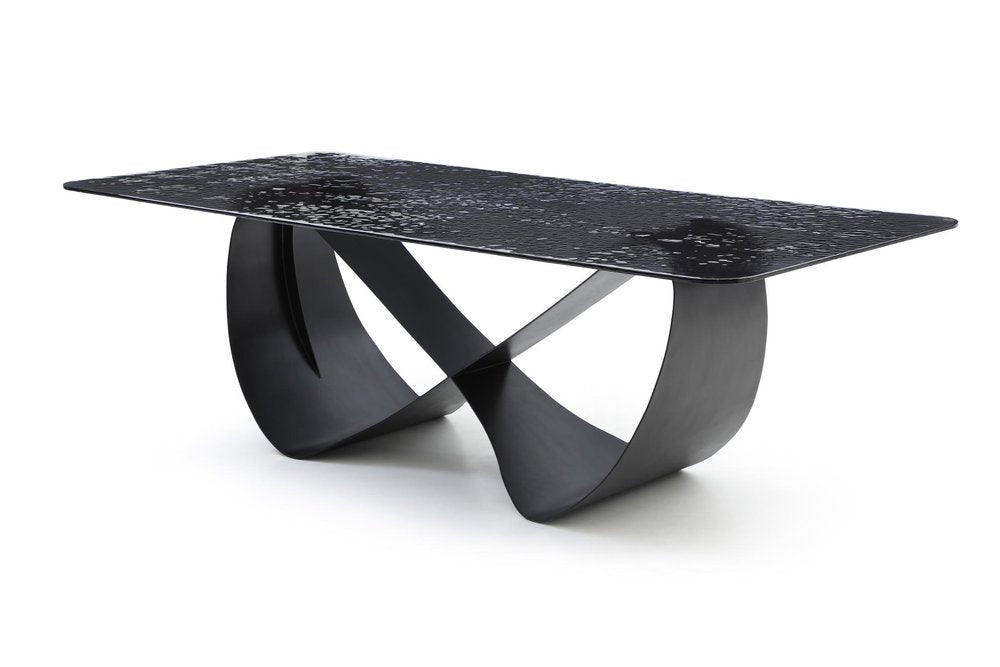 94" Black Glass and Brass Double Geo Pedestal Base Dining Table