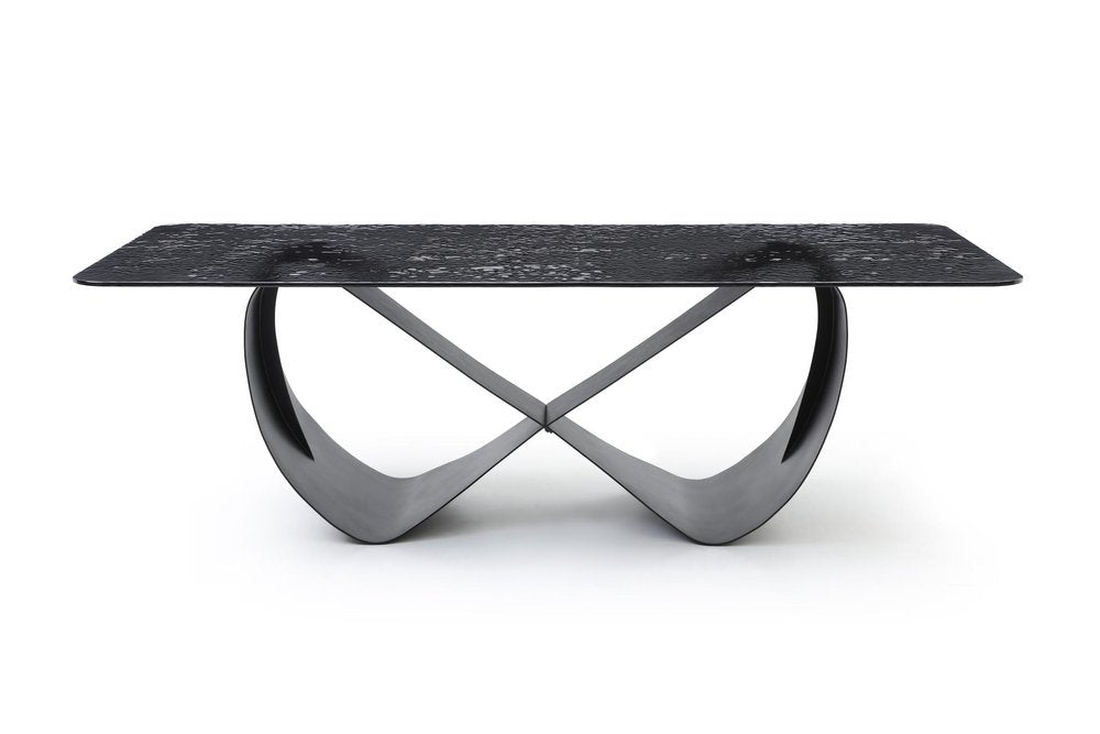 94" Black Glass and Brass Double Geo Pedestal Base Dining Table