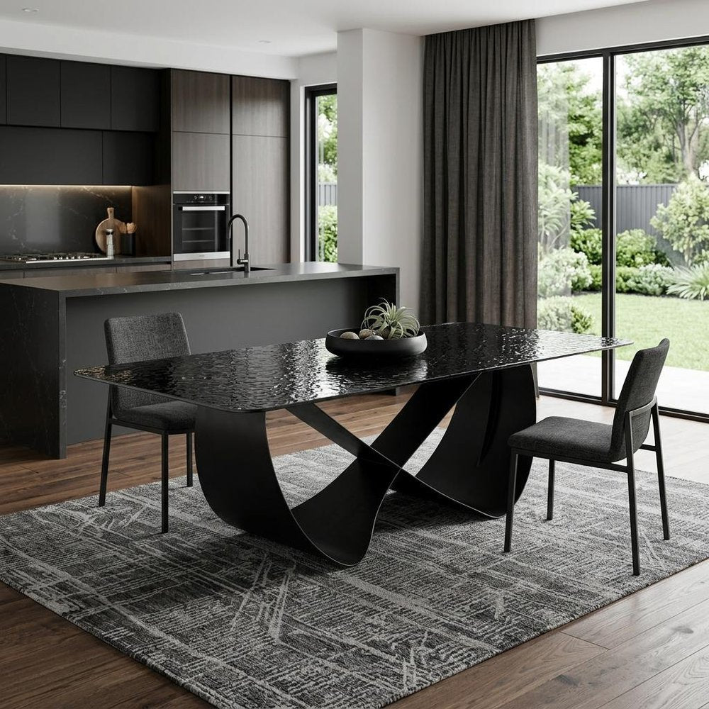 94" Black Glass and Brass Double Geo Pedestal Base Dining Table in a home interior