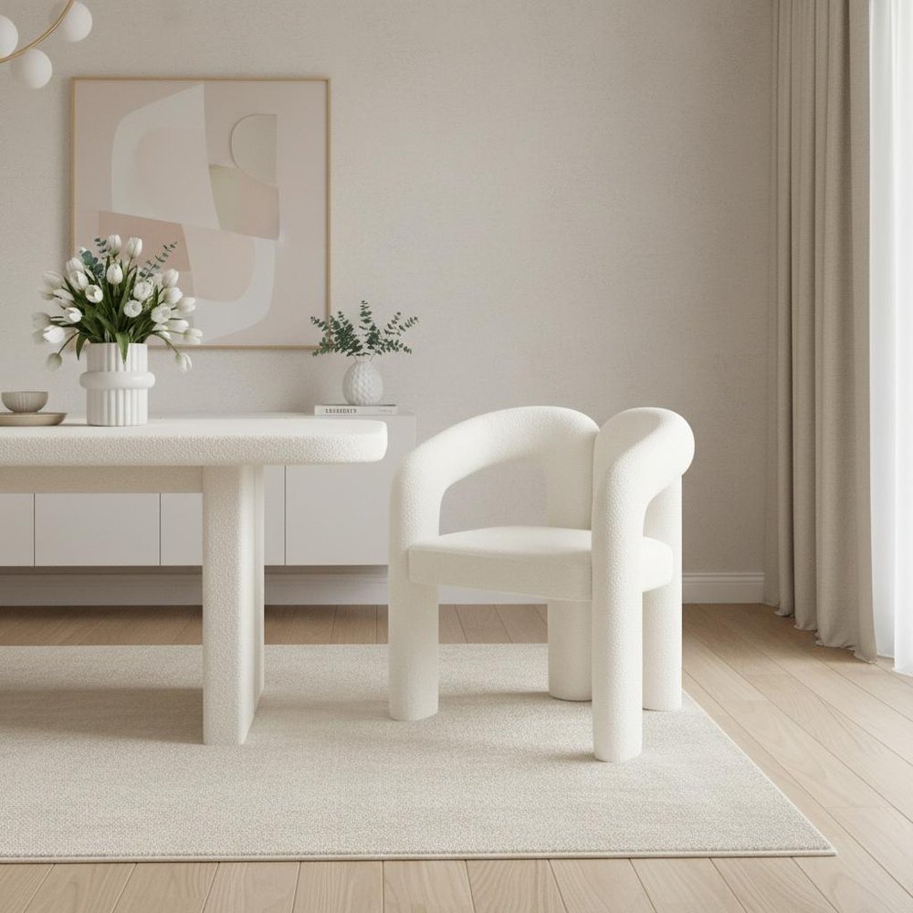 White Boucle Partially Open Back Dining Arm Chair close-up detail