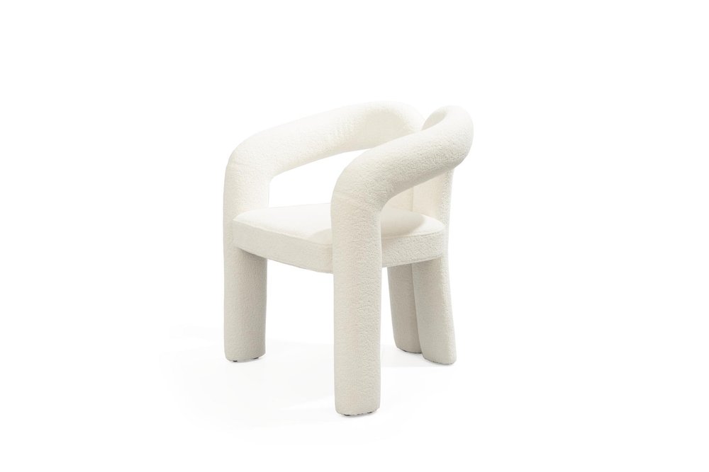 White Boucle Partially Open Back Dining Arm Chair