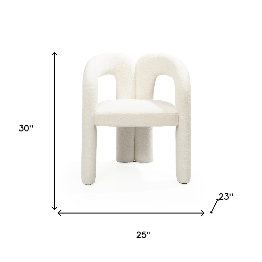 White Boucle Partially Open Back Dining Arm Chair on a white background