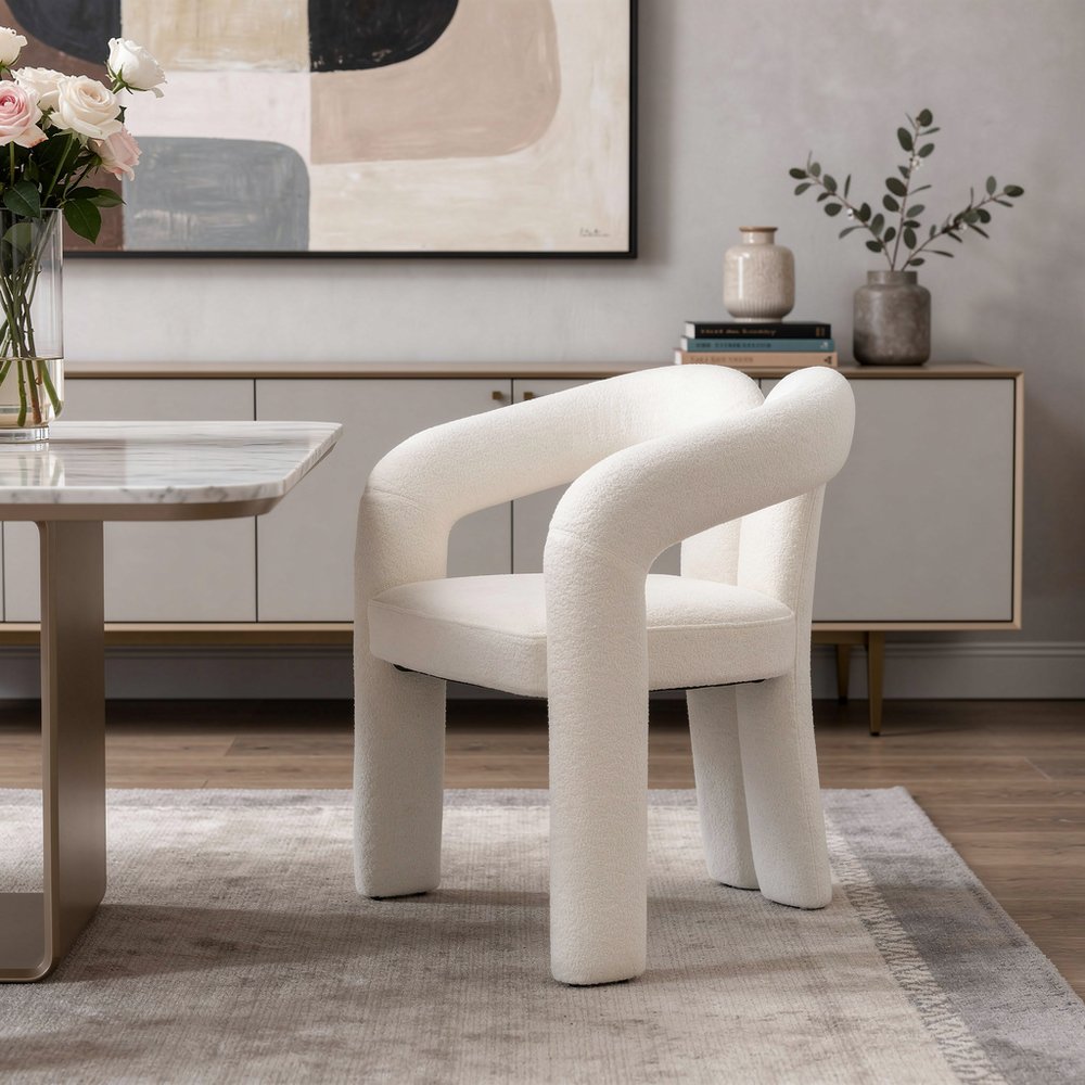 White Boucle Partially Open Back Dining Arm Chair