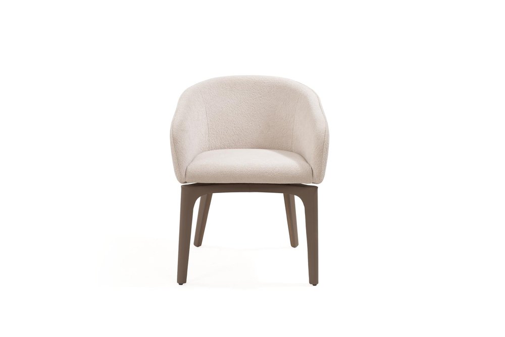 Taupe boucle dining chair with brown faux leather seat and dark brown wooden legs on a white background.