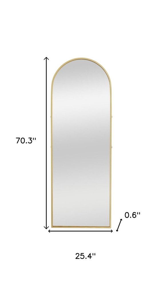 70" Gold Metal Arch Wall Mounted Leaning Or Freestanding Framed Full Length Mirror on a white background