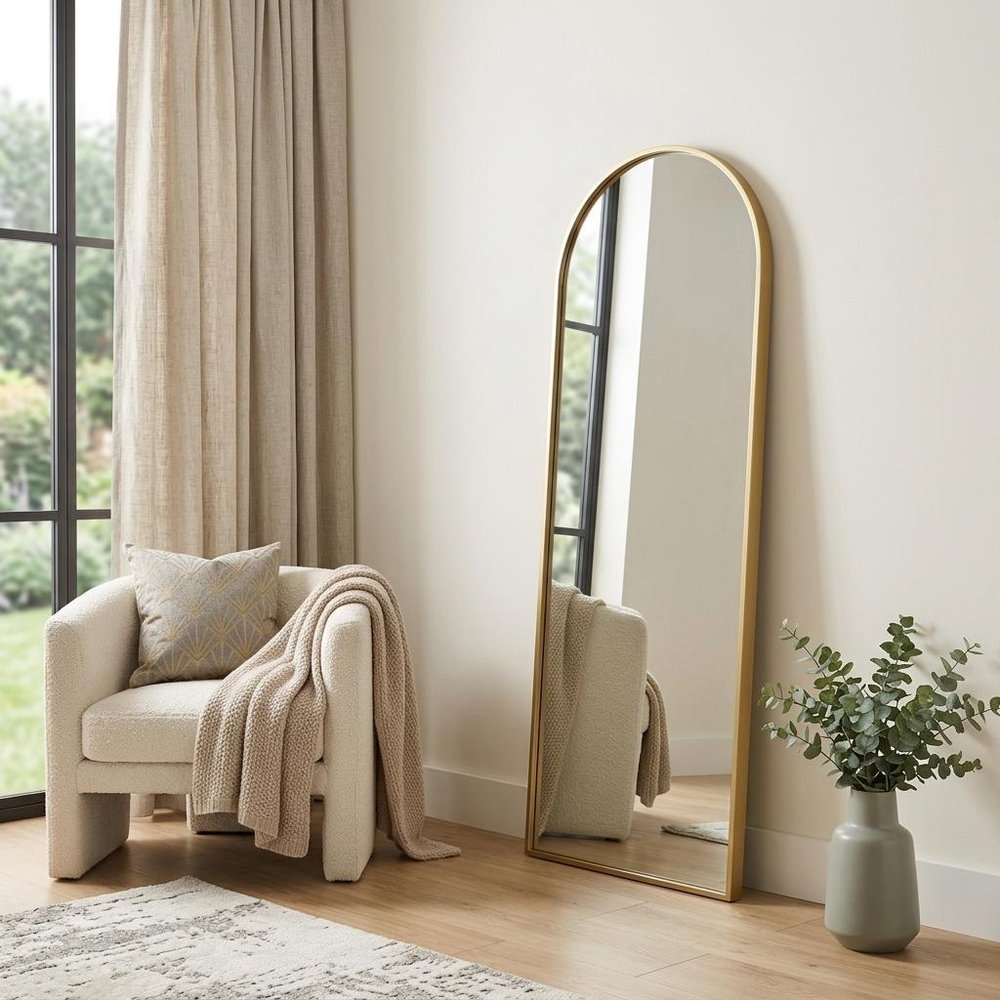 70" Gold Metal Arch Wall Mounted Leaning Or Freestanding Framed Full Length Mirror in a home interior