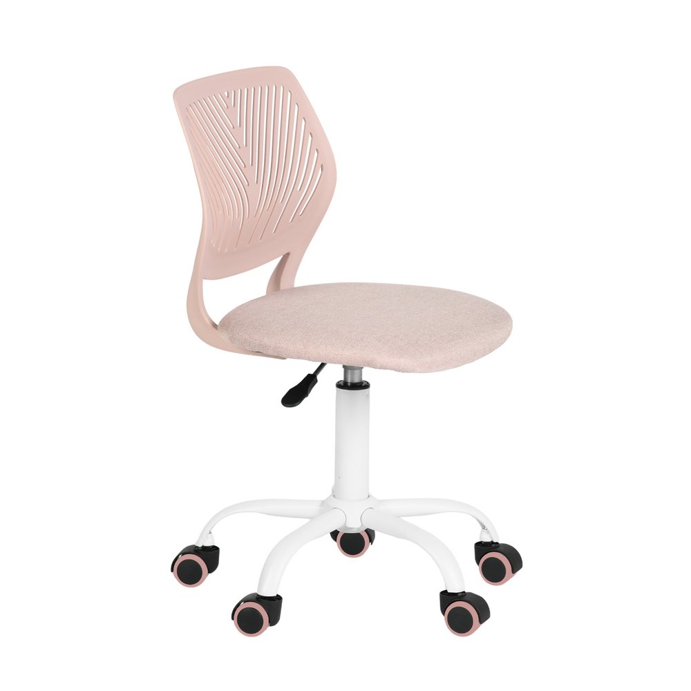 Pale pink and white adjustable height swivel rolling office chair with a fabric seat and plastic back on a white background.