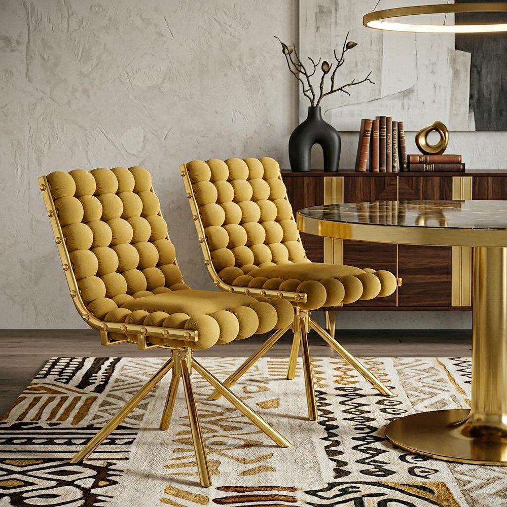 Set of Two Yellow and Gold Tufted Velvet Dining Side Chairs