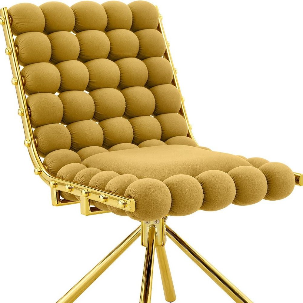 Set of Two Gold Tufted Microfiber Swivel Dining Side Chairs on a white background
