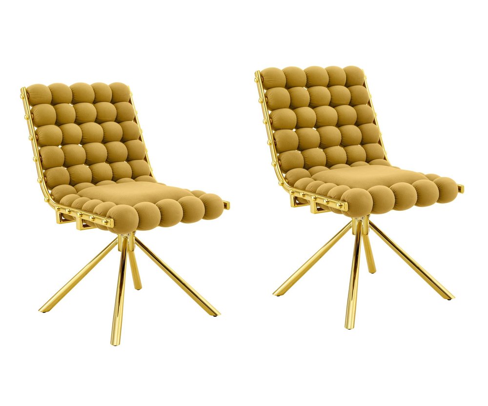 Set of Two Gold Tufted Microfiber Swivel Dining Side Chairs on a white background