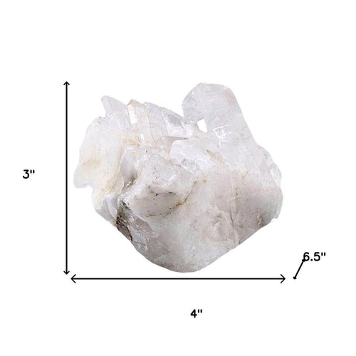 A white glass crystal cluster measuring 3 inches high, 4 inches wide, and 6.5 inches long on a white background.