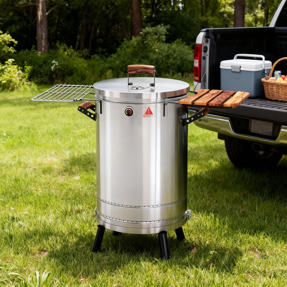 29" X 18" Silver Stainless Steel Portable Smoker Barrel photographed against a dark studio background.