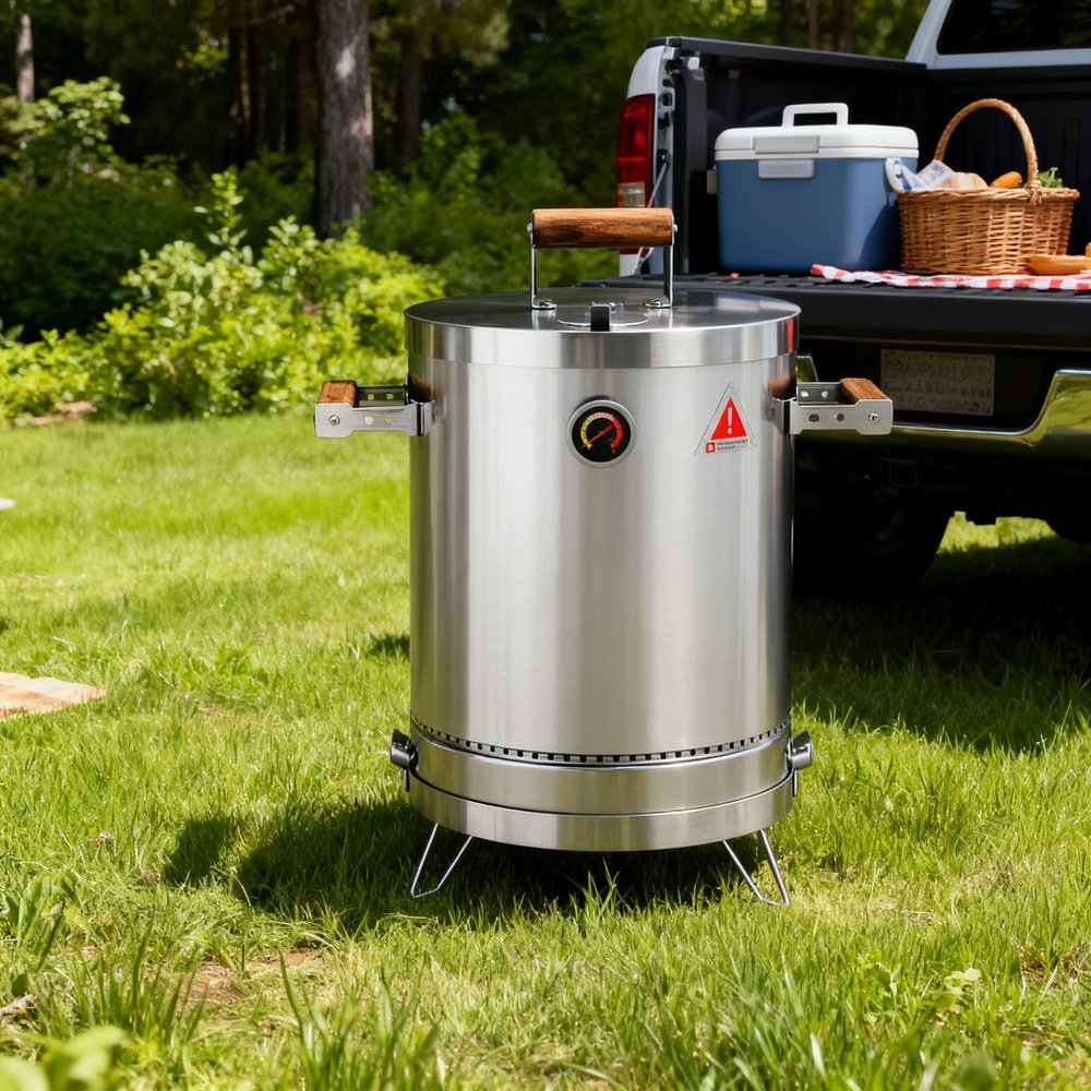 17" X 10" Silver Stainless Steel Portable Smoker Barrel photographed against a dark studio background.